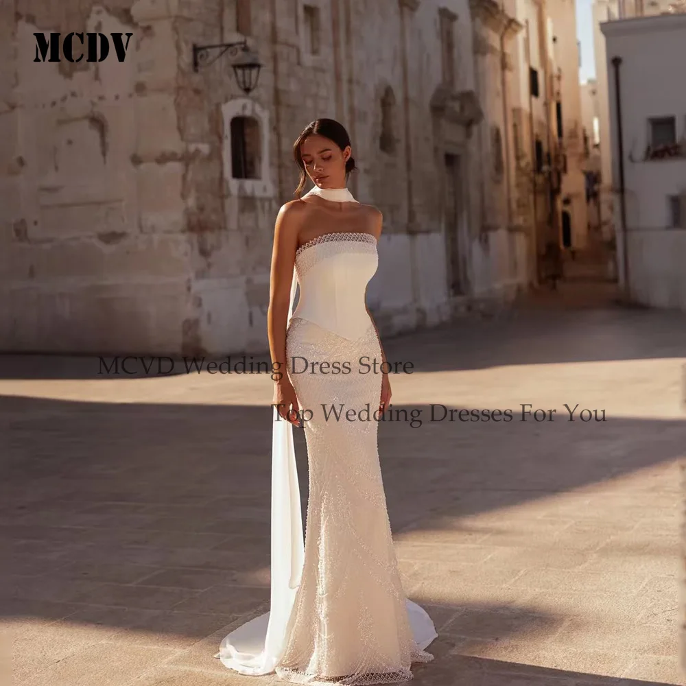 

MCDV Mermaid Modern Wedding Dresses Bridal With Shawl Strapless Beaded Bride Gowns Sleeveless Satin Vestido De Noiva Customized