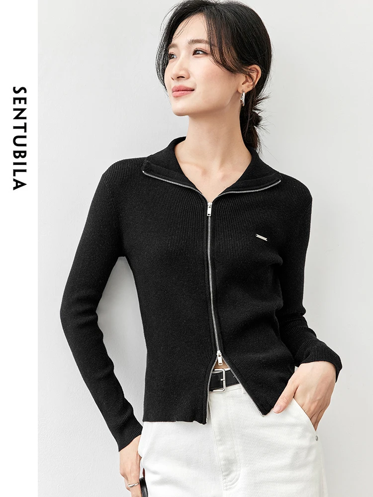 

SENTUBILA Wool Knitted Slim Cardigan for Women 2024 Autumn Half Hight Collar Solid Long Sleeve Zipper Women Clothes W43H55875