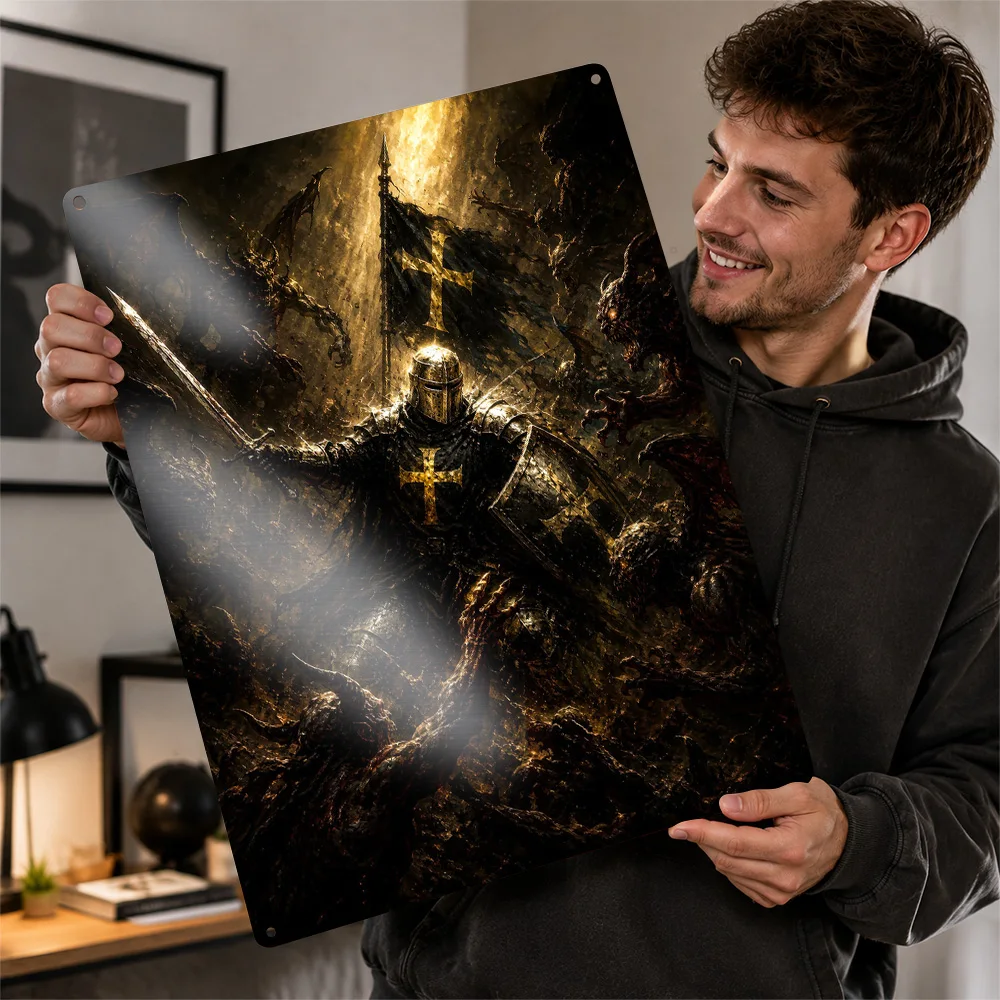 Crusader Knight Battling Demonic Horde Poster Retro 3D Printed Metal Signs Customized Wall Hanging Gift for Tin Sign Decor Room
