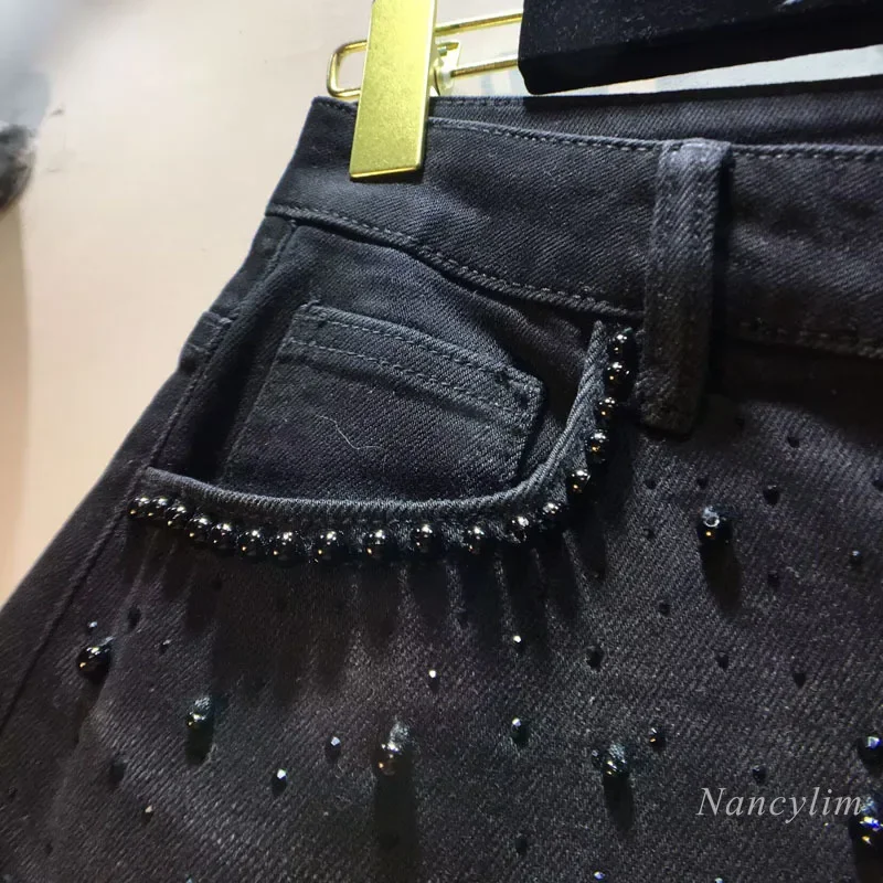 European 2025 Hollow Lace Jeans Women Summer New Black Lace Denim Pants Heavy Industry Beads Hot Diamond Denim Splicing Crochet - Image 2