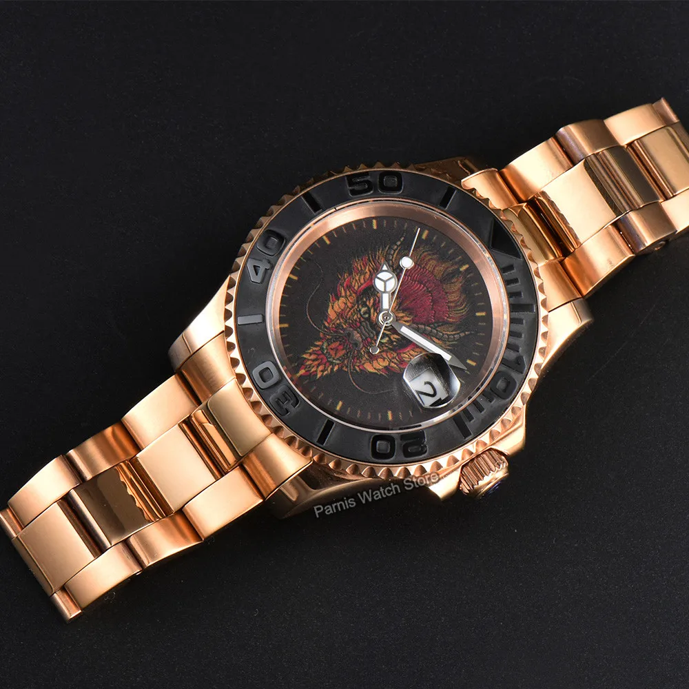 Orologio da uomo con movimento automatico Parnis da 41 mm, disegno personalizzato del drago, lunetta nera, bracciale in acciaio inossidabile in oro rosa