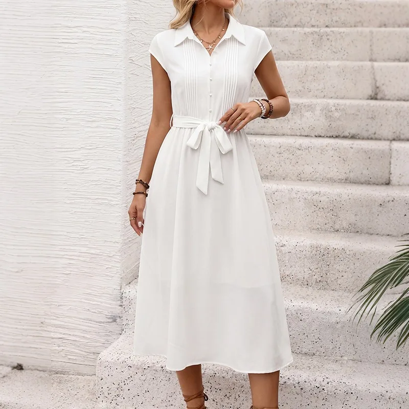 2026 Spring and Summer Pure Color New Style Elegant Commuting Belt Shirt Dress with Pressed Strip and Lapel Dress