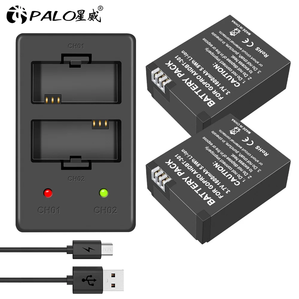 

PALO 1-4pcs 1600mAh AHDBT-301 AHDBT301 AHDBT 301 Camera Battery for GoPro Hero3 + LED 2-Channel USB Charger for Gopro Hero 3/3+