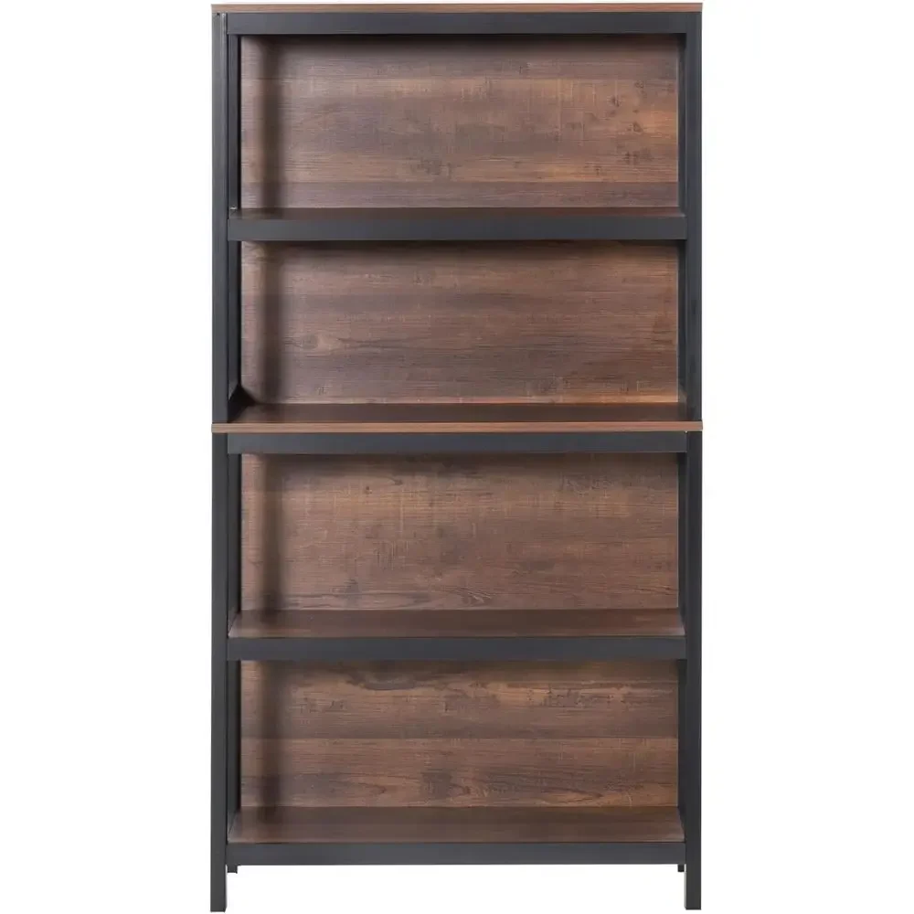 4-Tier Wooden Bookshelf Organizer with Back Support and Anti-Topple Feature, Walnut/Black