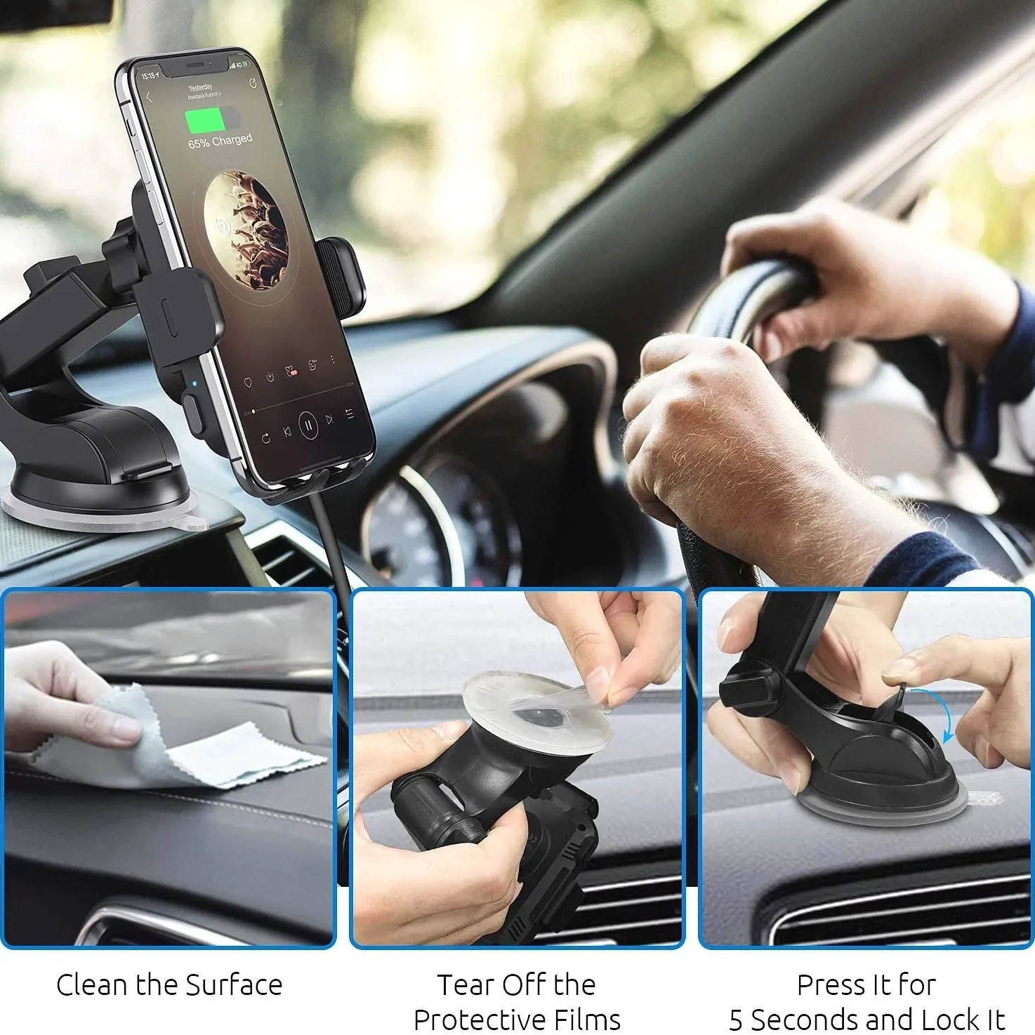 15W Rapid Wireless Car Charger Mount-Automatic Clamping, Adjustable Phone Holder for Hands-Free Driving-Universal Compatibility