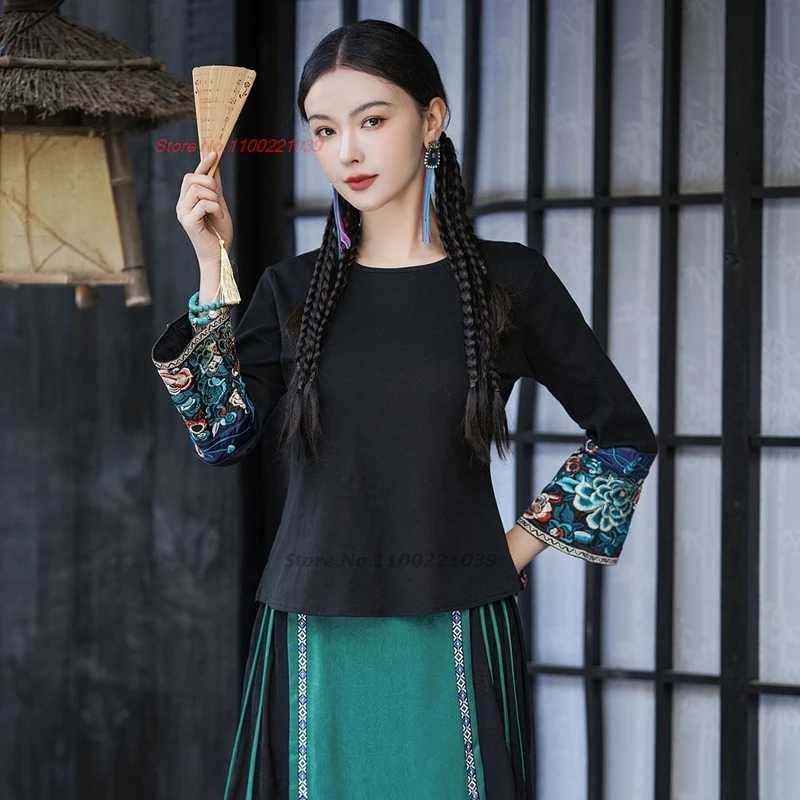 

2024 chinese traditional hanfu tops o-neck folk shirt national flower embroidery vintage shirt streetwear ethnic base shirt