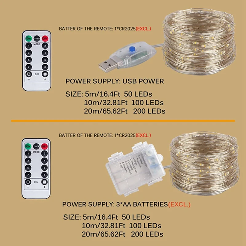 50/100/200 lampki Led na drucie miedzianym zasilanie bateryjne/Usb 8 trybów z zdalnym wodoodpornym sznurkiem