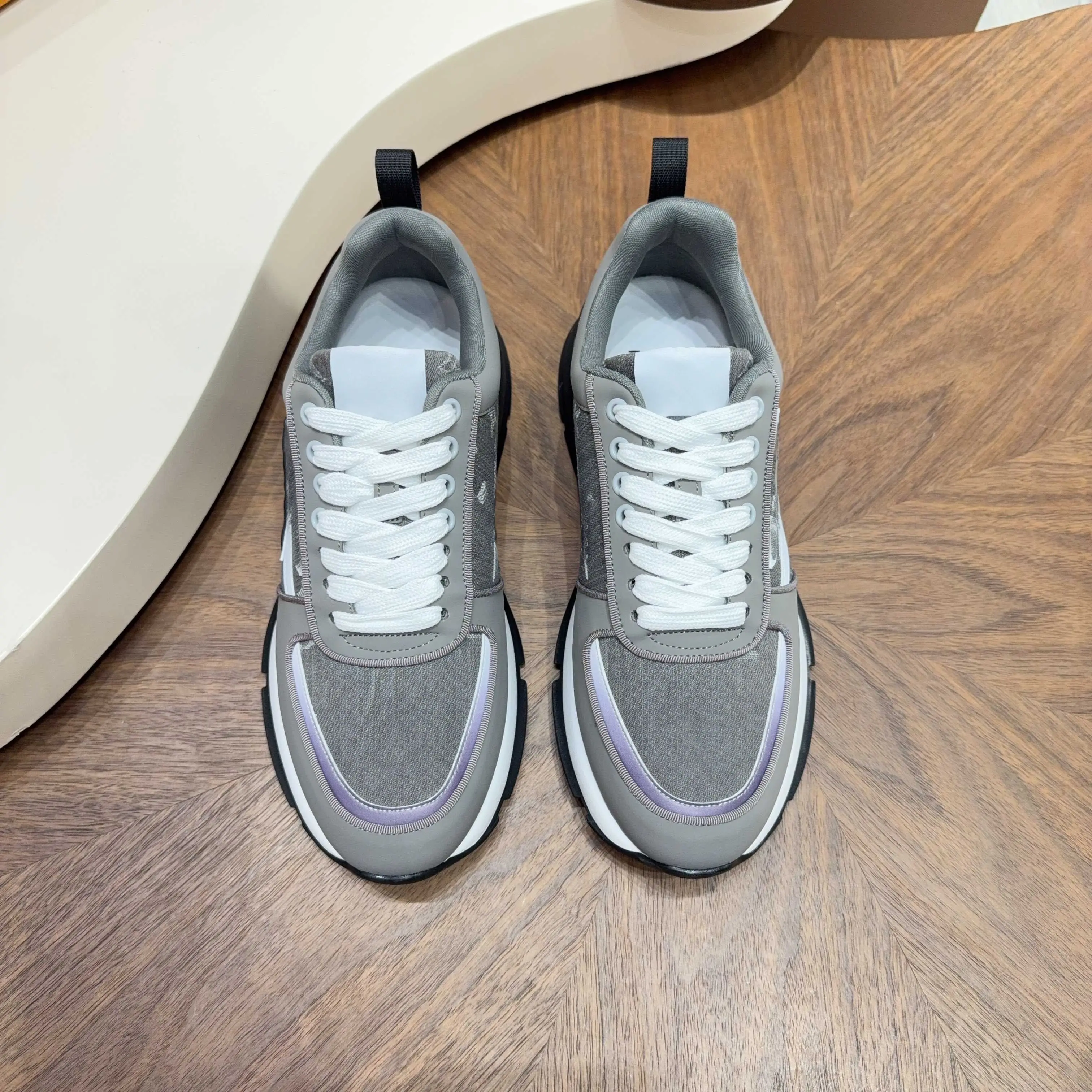 Unisex Grey Printed Fabric Leather Sneakers Lace Up Thick Sole Casual Fashion Trainers for Men Women