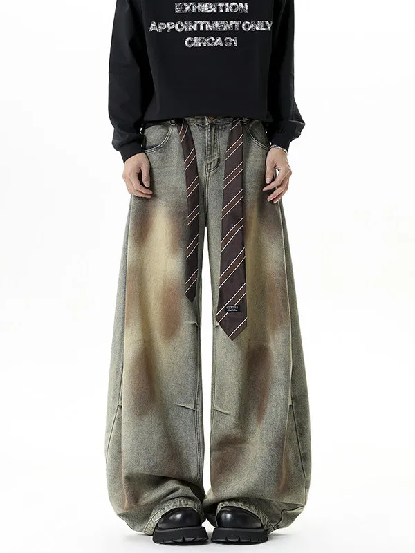 

TANGZ STUDIO Men's Vintage Dirt-Dyed Wide-Leg Jeans Dra Sense Loose Fit Trousers American Retro Sle Casual Jeans