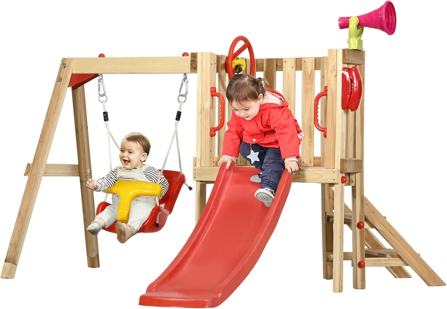 4 in 1 Wooden Swing Set Outdoor Playset with Baby Swing Seat, Toddler Slide, Captain's Wheel, Horn, Kids Backyard Playground