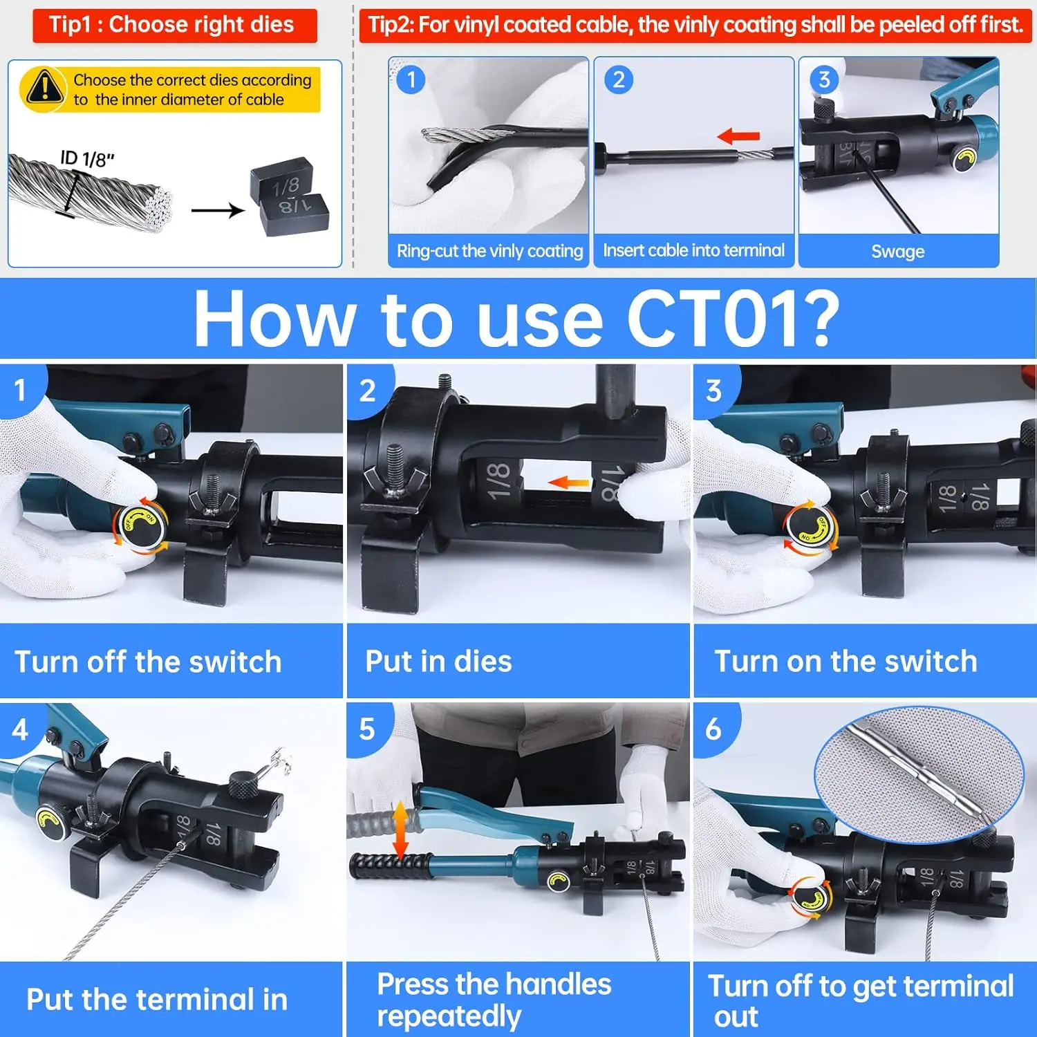 Hydraulic Cable Railing Crimper Tool with Cutter for 1/8" Stainless Steel Wire Rope Swaging Kit