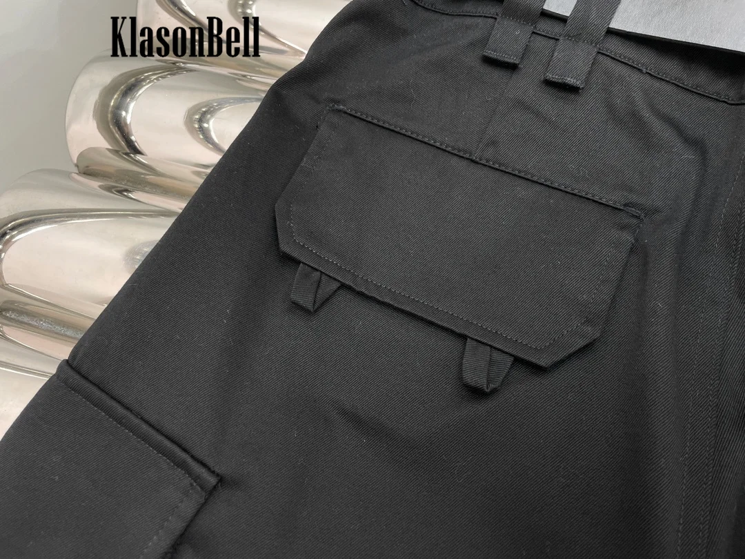 7.5 KlasonBell Women Black Cargo Trousers Women Fashion All-matches With Genuine Leather Belt Pocket Design Straight Pants