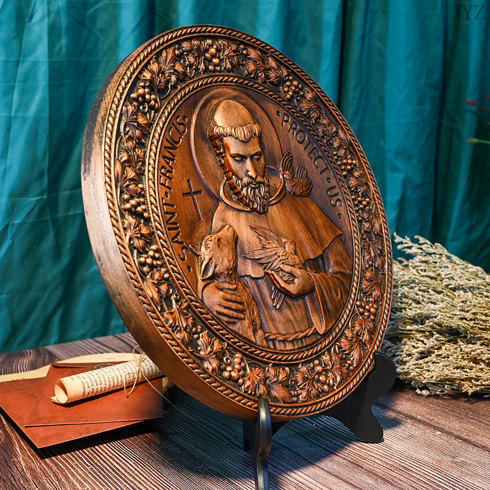 Saint Francis - Religious Figure Icon Decor Ornaments, Wooden Crafts, Natural Solid Wood, Home Desk Carving Gifts