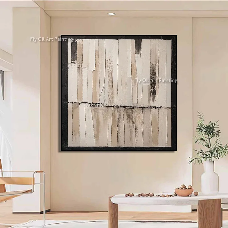 Neutral Beige Black Vertical Striped Canvas, Hand‑Painted Impasto Oil Painting, Wabi‑Sabi Geometric Square Wall Decor