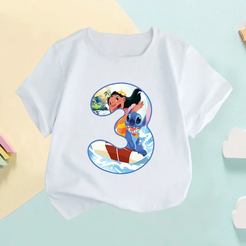 Lilo & Stitch Number Bow Print Cartoon Kids T shirt Girls Clothes 1 2 3 4 5 6 7 8 9 Years Birthday Baby Boys T-Shirts,HKP2676