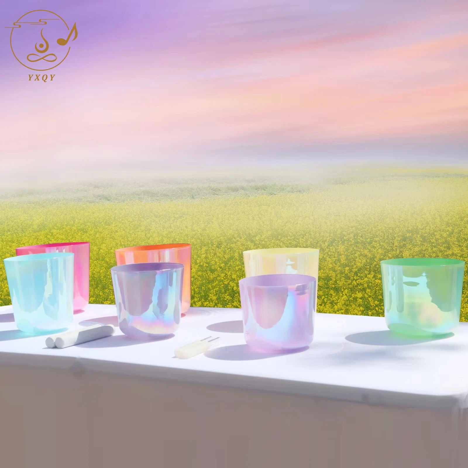 Hey-eun Colored Alchemy Quartz Crystal Singing Bowl Set of 7pcs for Sound Healing with Free Mallets and O-rings