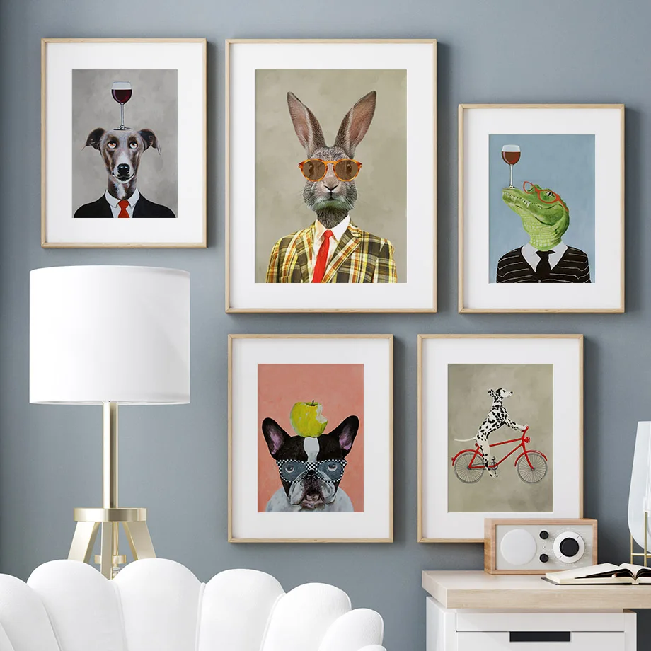 Alligator with wineglass Poster Rabbit French Bulldog Wall Art Mural wine Print Canvas Painting Picture For Kids Room Decor Gift