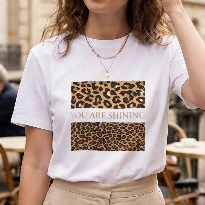 Summer Leopard Women's T Shirt with Letter Your Are Sunshine Print Crew Neck Short Sleeve T-Shirt Vintage Female Clothes Girls