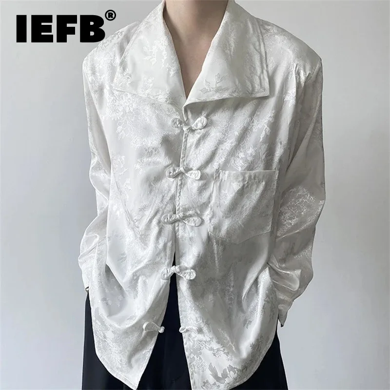 

IEFB 2024 New Men's Shirt Lapel Long Sleeve New Chinese Satin Jacquard Vintage Disc Buckle Male Top Fashionable Style 9C5527