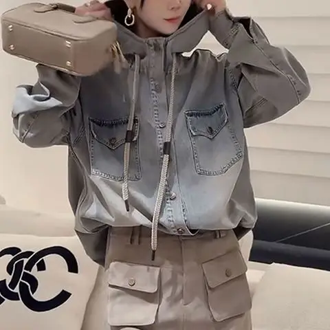 

Hooded Denim Jacket For Women In Spring And Autumn 2025, New Drawstring Workwear Jacket, Single Breasted Casual Thin Top