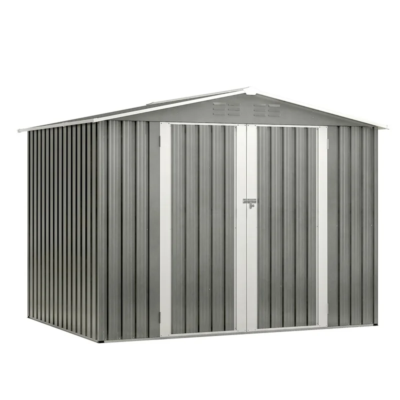 

6x8ft Waterproof Garden Tool Shed with Metal Base, Lockable Hinged Doors, Ventilation, Gray Outdoor Storage for Yard, Lawn
