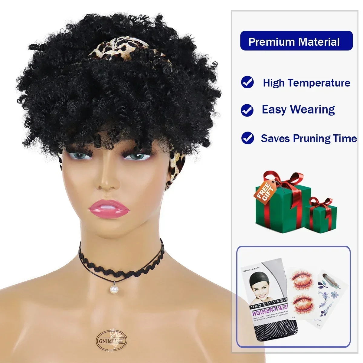 Synthetic Afro Headbands Wigs Curly Hair Wig with Bangs Headband Wig Short Colly Fiber for Black Women Turban Wrap Wig Daily Use