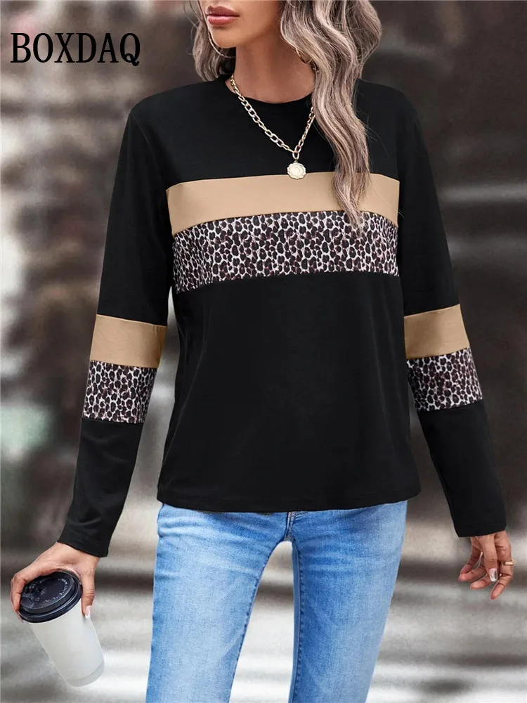 Women\'s T Shirt 3D Print Leopard Print Colorblock Tees Print Tee Long Sleeve Fashion Street Round Neck Loose Casual Ladies Tops