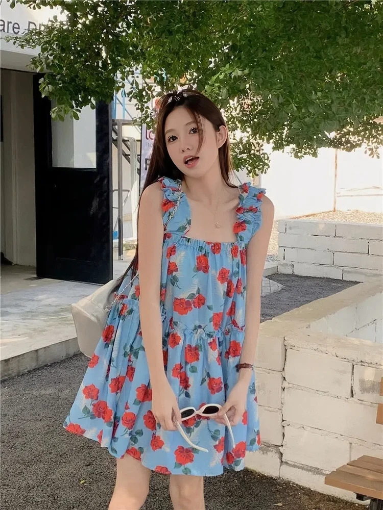 

2024 Summer New Rose Printed Slimming Strap Dress Women's Fashion Ruffle Splicing Short Skirt