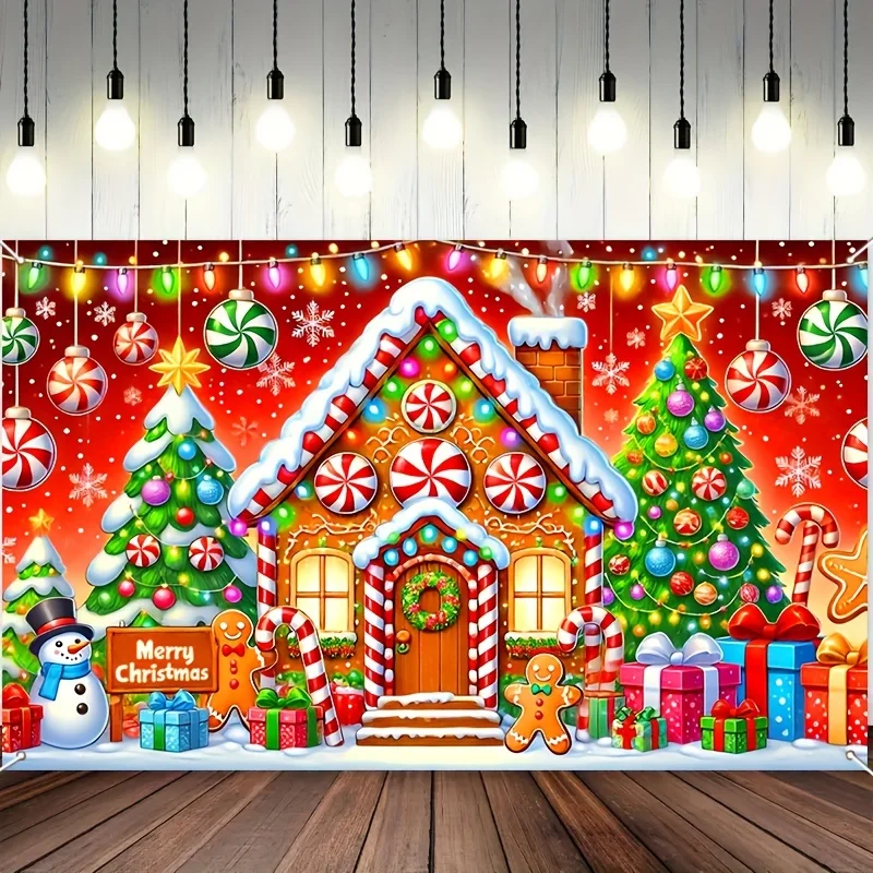 1 multi-purpose Christmas gingerbread house background - candy and trees, party decorations, event and garden decorations