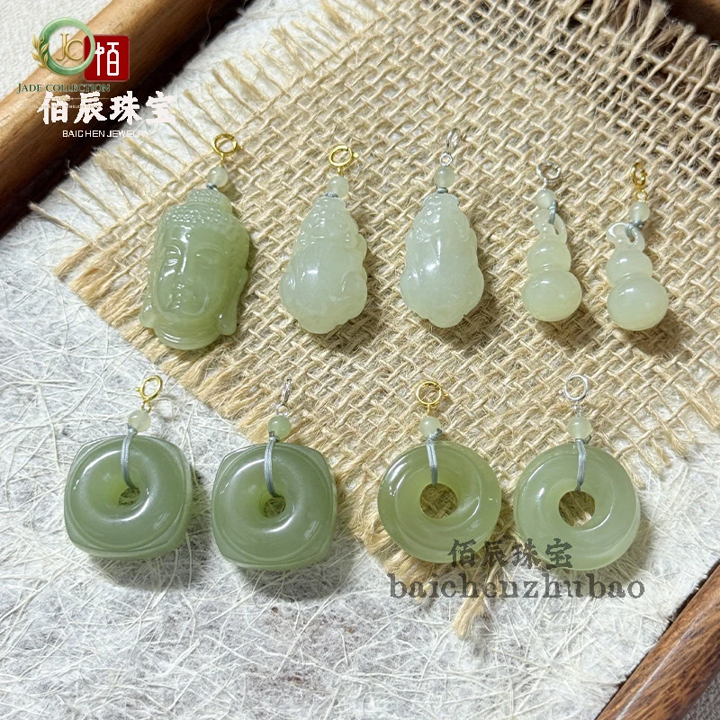 Natural Xinjiang Hotan Jade Buddha Head Pendant, Gourd Mobius Ring Necklace, Wuxi Brand Pixiu Jade Peace Amulet