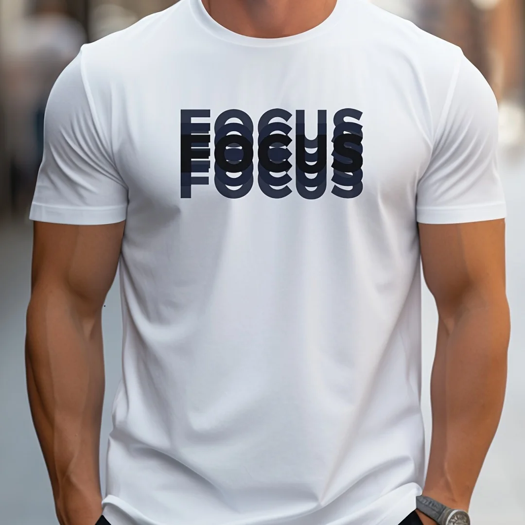 

Men's 100_ cotton casual sports loose oversized Focus print round neck short sleeved T-shirt top