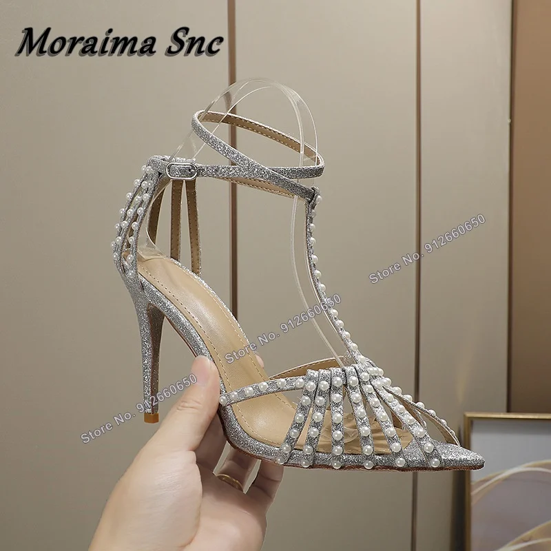 Moraima Snc Bling T Strap Rivet Women Sandals Pointed Toe Thin High Heels Shoes Ankle Buckle Women Stilettos Cover Heel Sandals