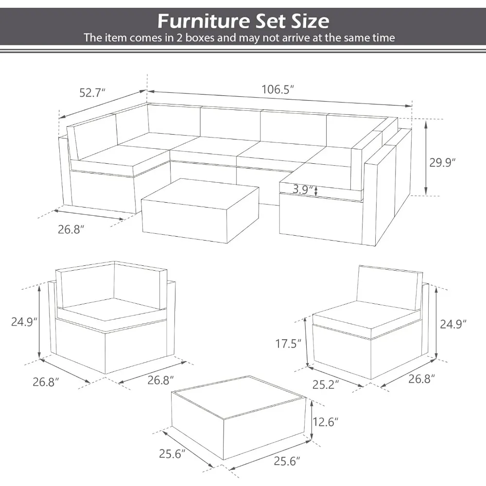 Set furnitur teras luar ruangan, furnitur anyaman abu-abu rotan PE, furnitur kursi furnitur bagian luar ruangan 7 buah