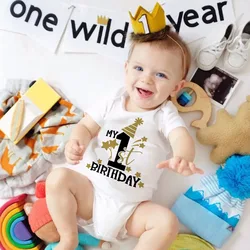 Mein 1. Geburtstag Neugeborenen Stram pler Sommer Säugling Körper Kleinkind kurze Prinz Ärmel Overall Baby Jungen Geburtstags feier Outfit Kleidung