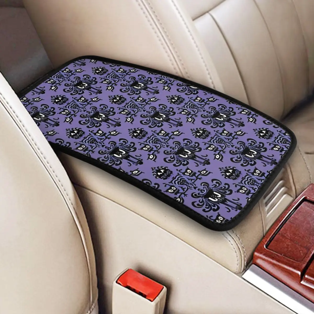 Haunted Mansion Plaid Center Console Cover Pad for Universal Cars Halloween Auto Interior Waterproof Armrest Cover Mat