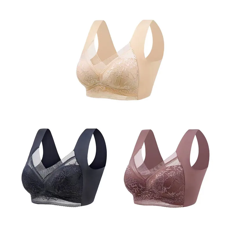 3 ชิ้นลูกไม้ Traceless Ice Silk Bra ไม่มีแหวนเหล็ก Fixation แบบบูรณาการ Gathering และป้องกันการหย่อนคล้อย Bra