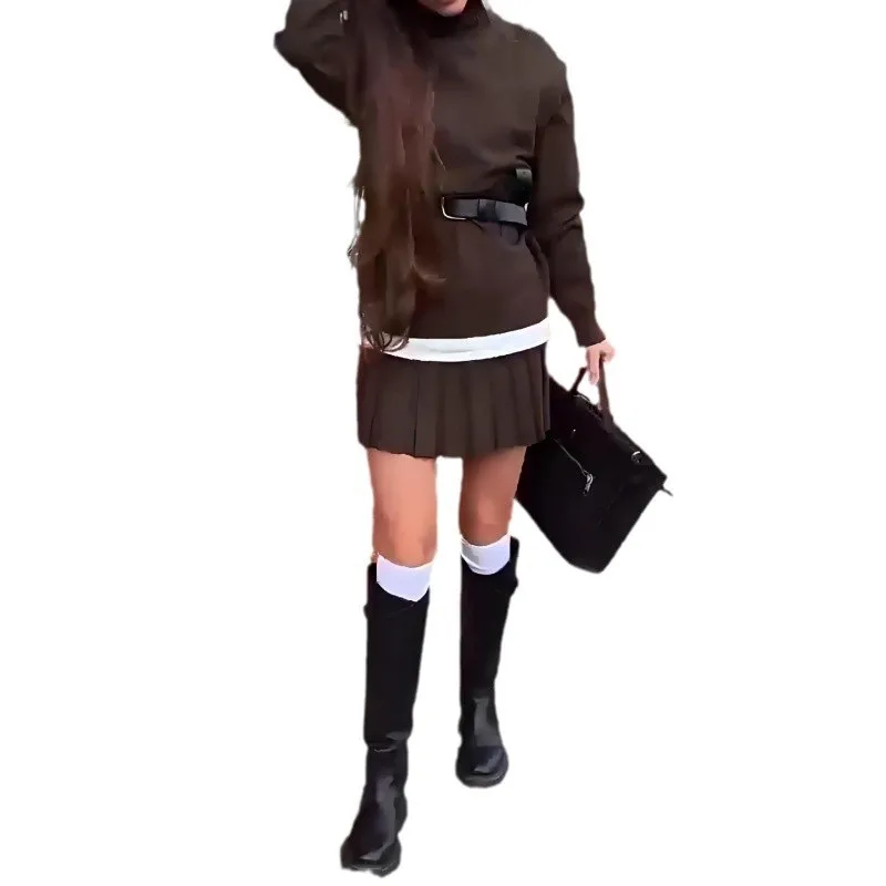 2025年秋新作ニットセーター 欧米風ファッション ラウンドネック レトロでおしゃれなプリーツショートスカートセット レディース