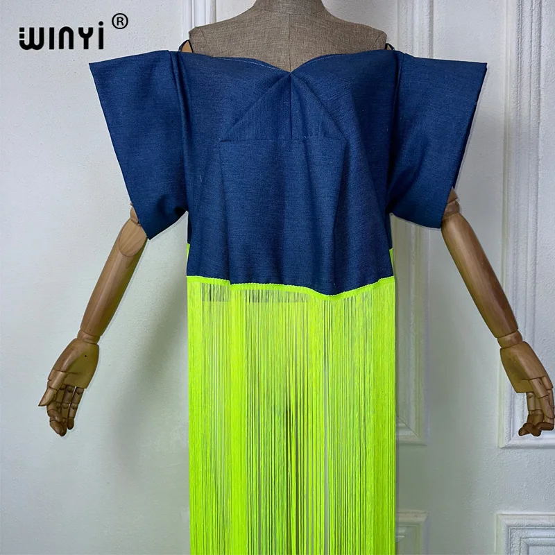 WINYI summer cover-ups boho fashion top sexy Holiday long Sleeve long tassels maxi party dress for women Denim jacket