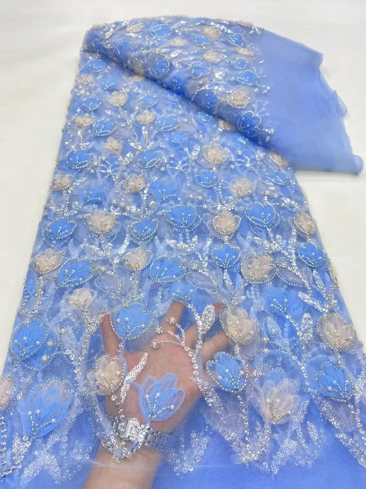 

Luxury Elegant Handmade Embroidery Sequins Beaded Lace High Quality African Sequins Lace Fabric For Wedding Sewing 5 Yards