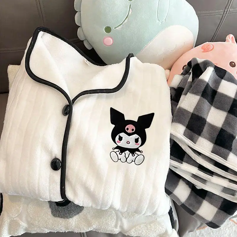 Sanrio Hellokitty Kuromi Cinnamoroll Pochacco Snoopy Gromit Pajamas Long Sleeved Pants Flannel Coral Velvet Birthday Girls Gift