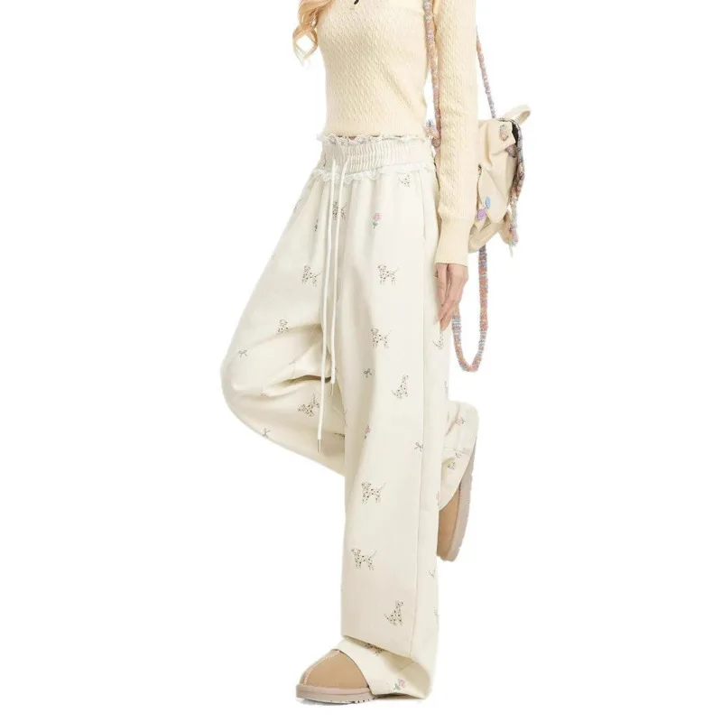 Dog Print Pants Y2K Casual Sweatpants Women Eur Usa 4season Loose Straight Leg Pants Lace Splicing Strap Hanging Feeling Pants