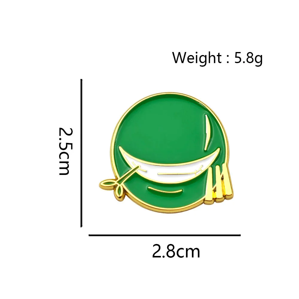 Straw Hat Crew Emaille-Anstecknadel, grünes Gesicht mit Narbe, Brosche, drei Schwerter, Metallabzeichen für Kleidung, Rucksack, Hut, Accessoire – Detail 2