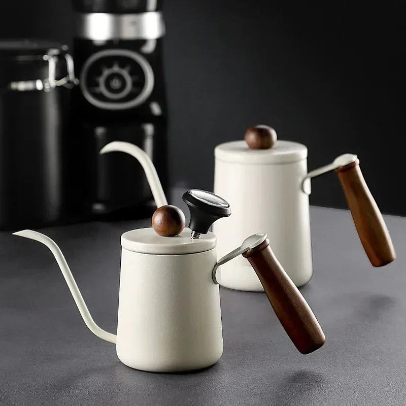 

350/600ML Hand Brewed Coffee Pot 304 Stainless Steel Household Narrow Mouth Solid Wood Handle Milk Foam Kitchen Cafe Accessories