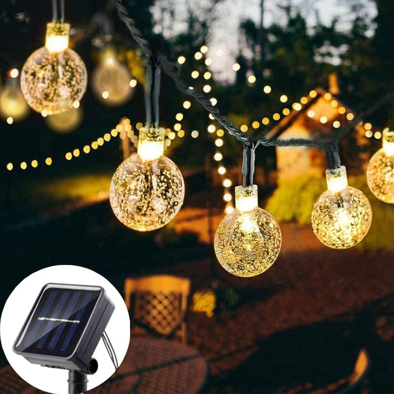 

Solar Power 5/7/12m LED Crystal Ball Festoon Light String Wedding Garland Fairy Lamp Holiday Outdoor Patio Yard Decoration