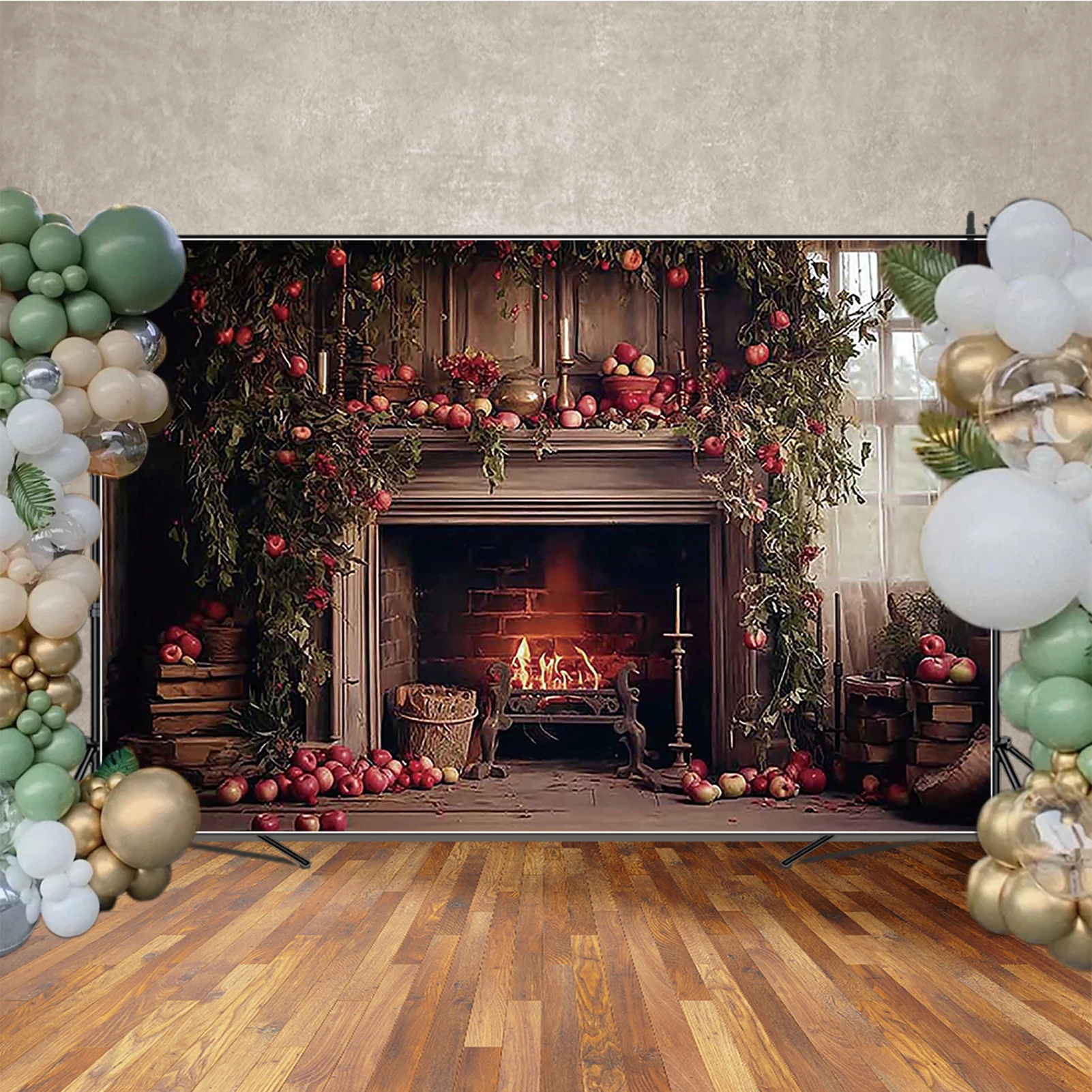 MOON.QG Latar Belakang Natal 2026 Perapian Antik Lilin Api Latar Belakang Fotografi Apple Alat Peraga Pemotretan Dekorasi Pesta Zona Foto