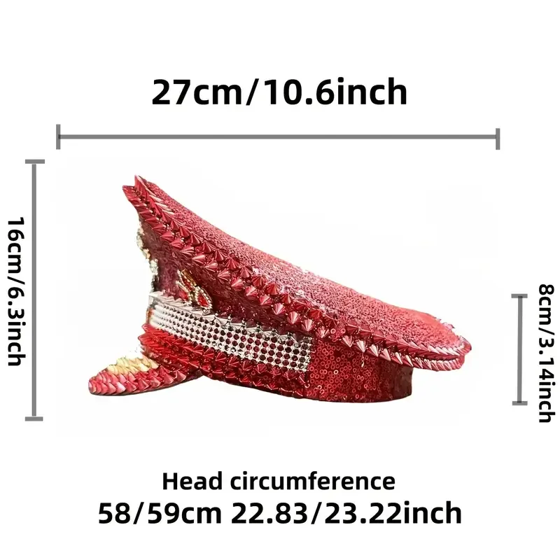 HongLuan Red Sparkle Rhinestone Captain Hat for Women,Adjustable Pirate Party Cap，Bachelor party, Music Festival Accessories