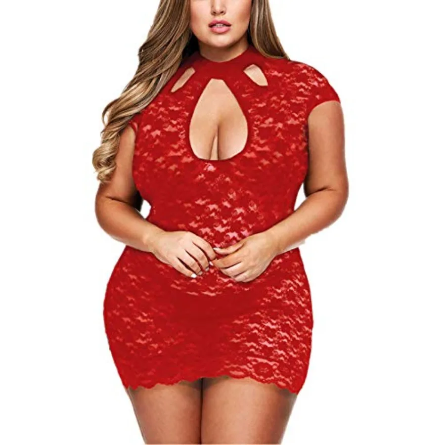 

Plus Size Lingerie for Women Bust Keyhole Lace Babydoll Chemise Mesh Sleepwear