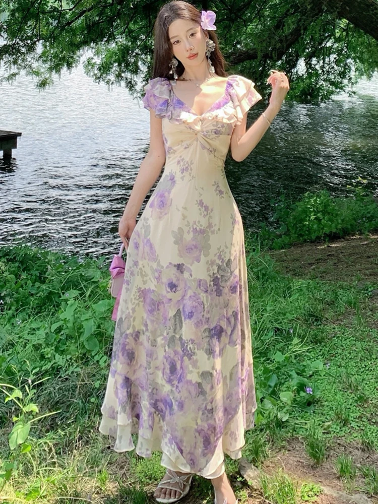 Summer Purple Floral Chiffon Chic Ruffled V-Neck Sexy Long Dress Women Boho Elegant Casual Dress 2025 Korean Bodycon Party Dress