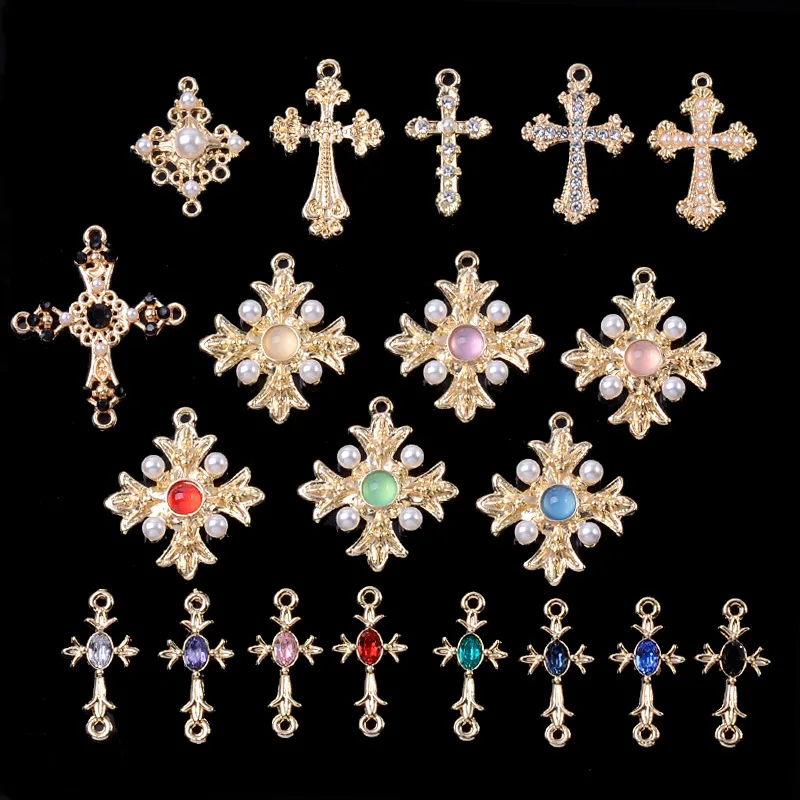 

10pcs/bag New Style Crystal Glass Pearl Alloy Accessories Cross Pendant Handmade Materials Diy Jewelry Pendant