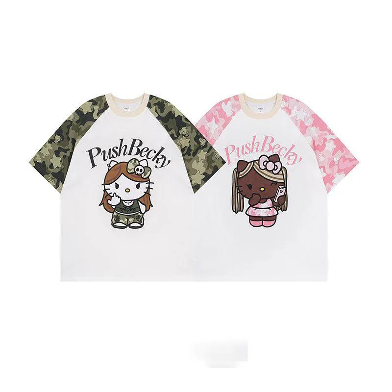 

New Kawaii Sanrio Hellokitty T-Shirt Camo Raglan Short Sleeves Round Necked Couple Top Cartoon Ins Cute Girl Birthday Gift